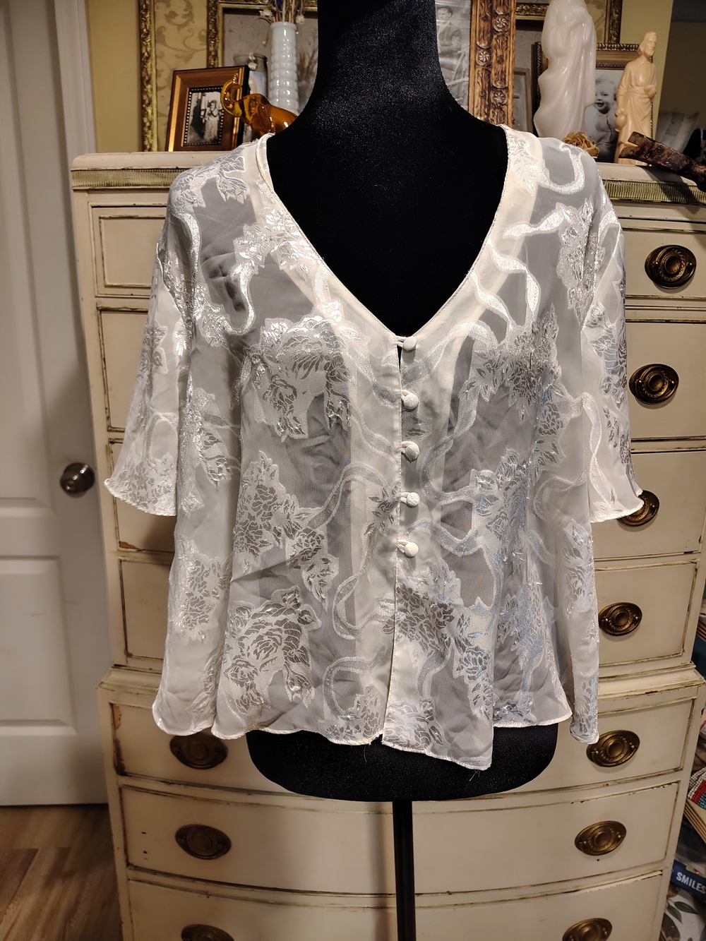 Vintage Victoria's Secret White Sheer Floral Embroidered V-Neck Button Blouse